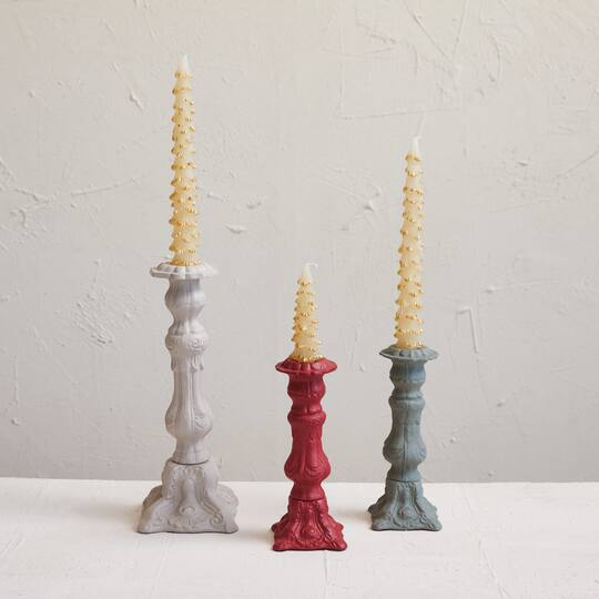 Hello Honey® 8" Green Embossed Cast Aluminum Taper Candleholder